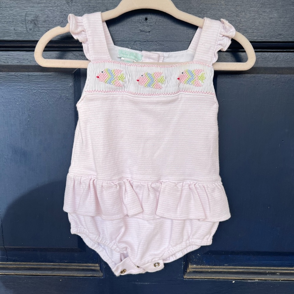 Pink Smocked Fish Ruffle Baby Romper